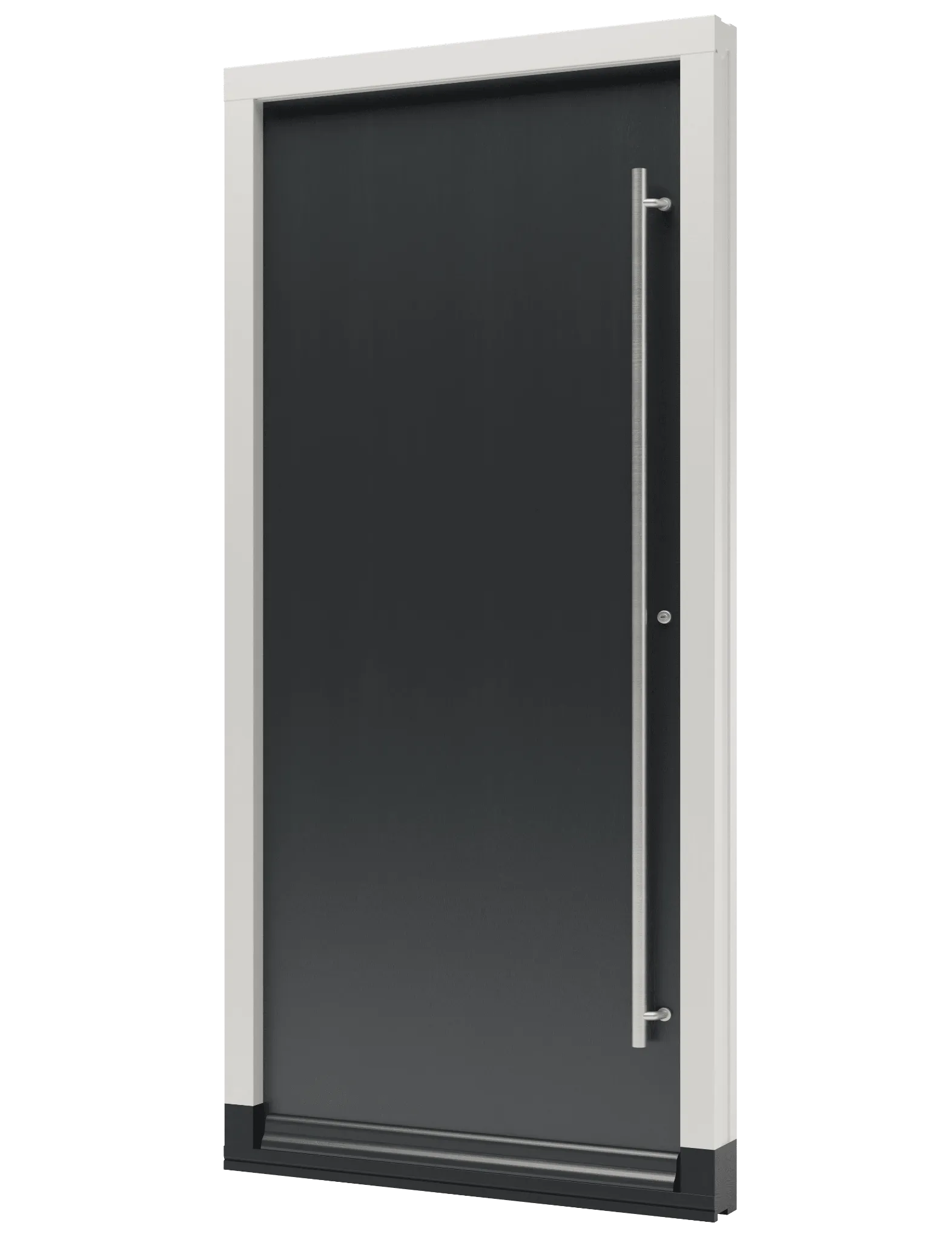 Houten voordeur in een vlak paneel uitgevoerd met een lang handgreep