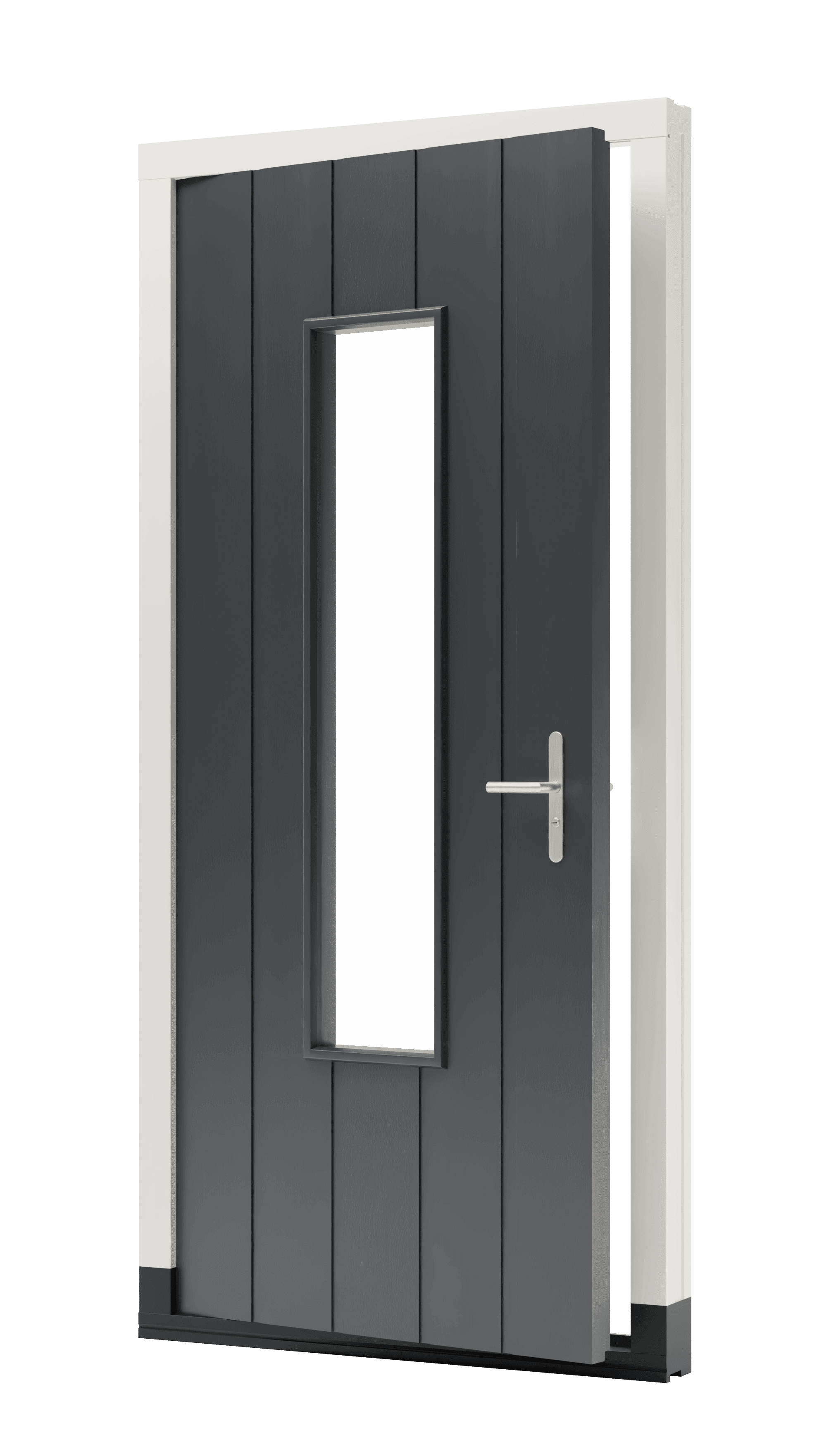 Enkele-houten-buitendeur-met-middel-groot-glasvlak-en-4-verticale-groeven
