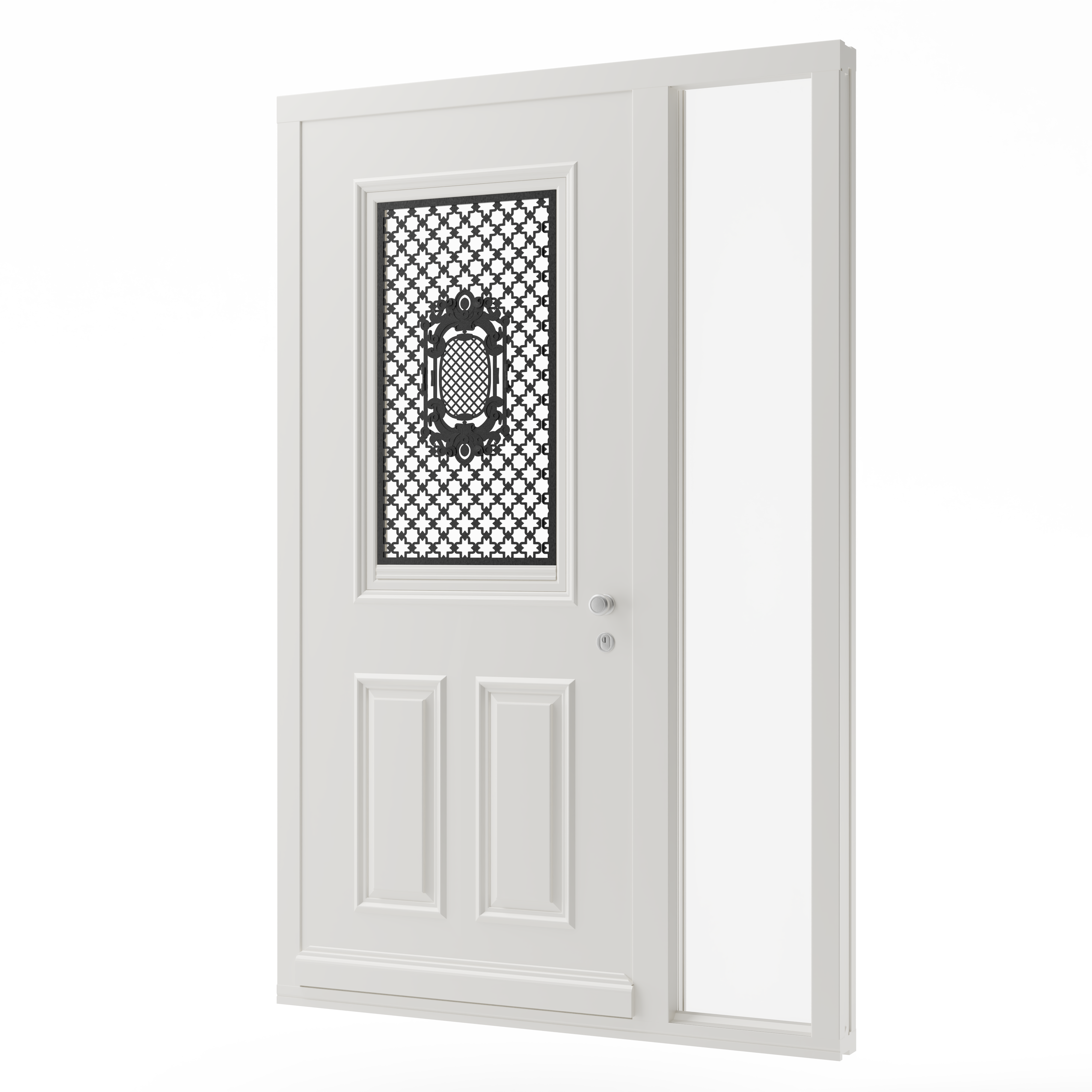 Luxe voordeur met een zijlicht rechts, de deur is voorzien van sierlijk lijstwerk en een aluminium rooster met een gietijzeren-look