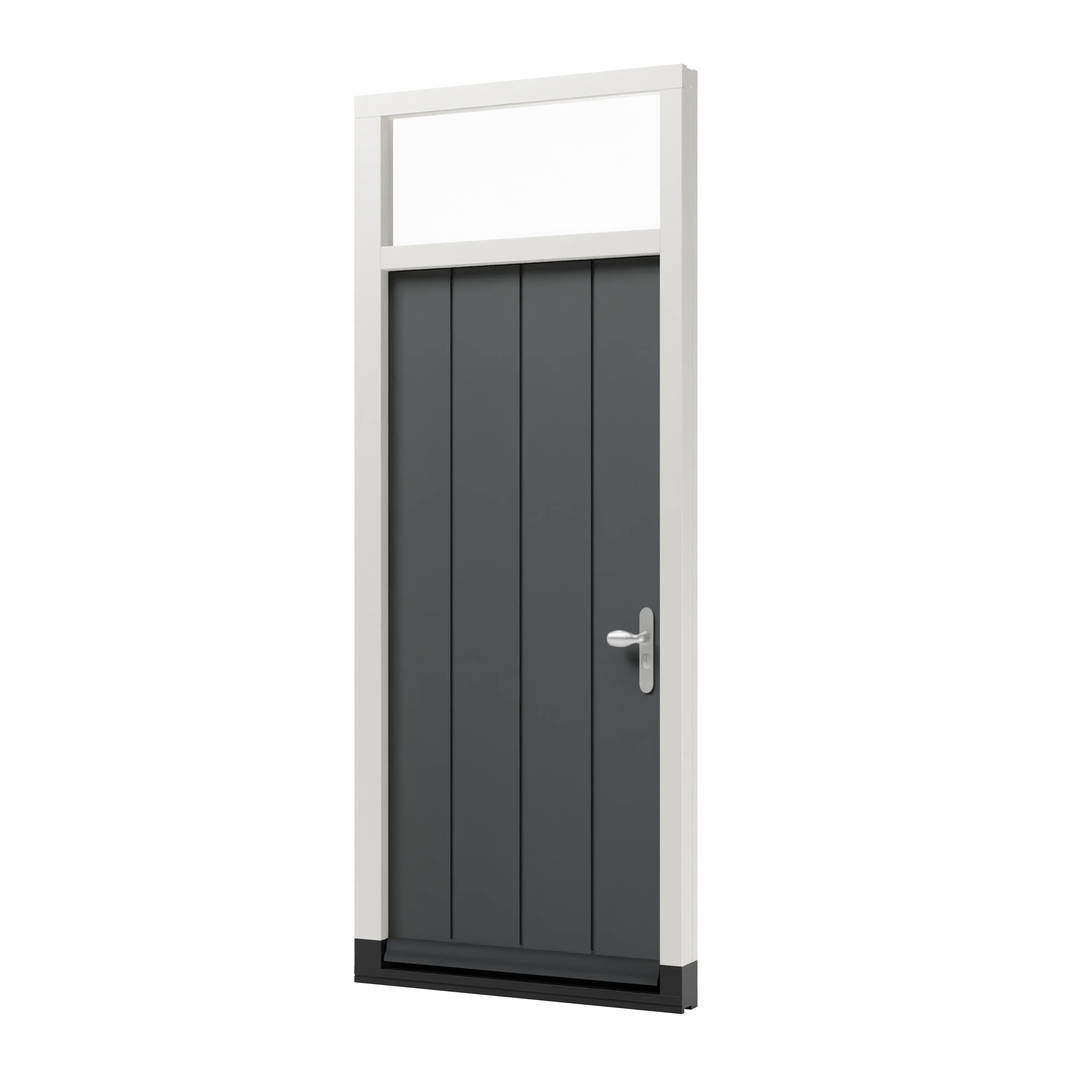 Houten voordeur met een bovenlicht, de deur is voorzien van verticale groeven