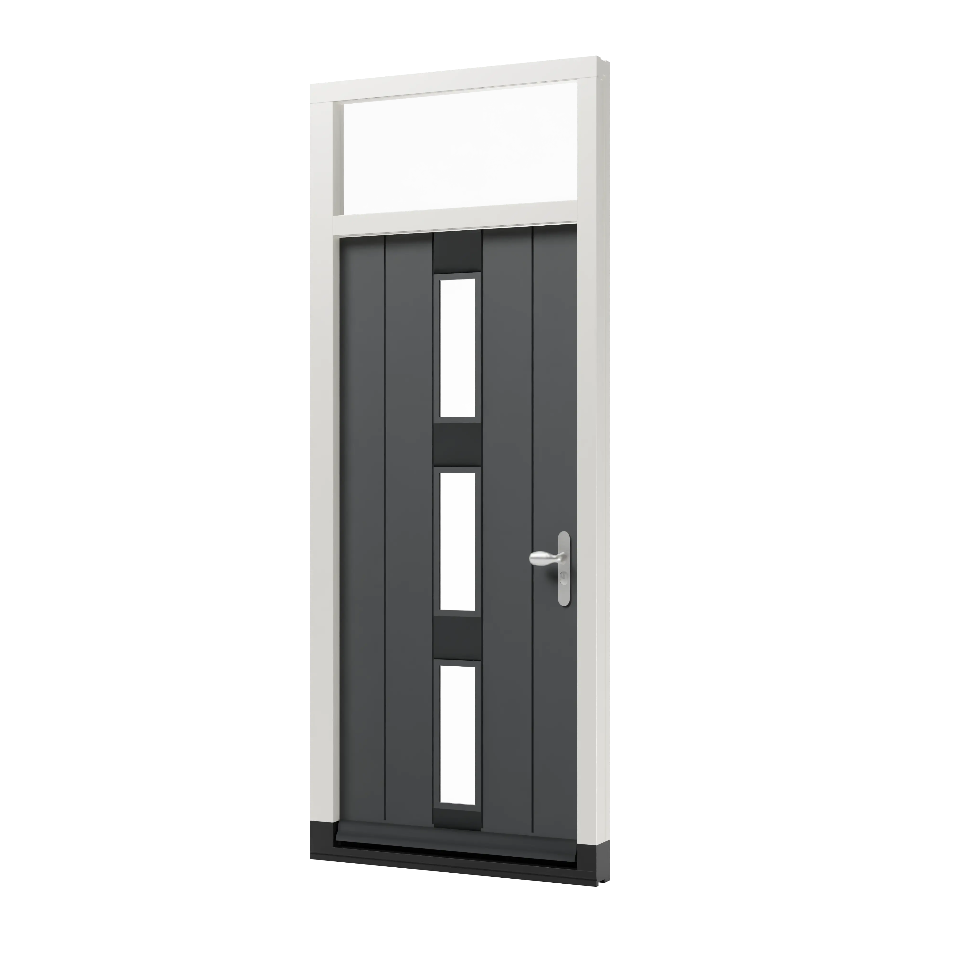 Houten voordeur voorzien van glasvelden en groeven. Het kozijn is inclusief bovenlicht